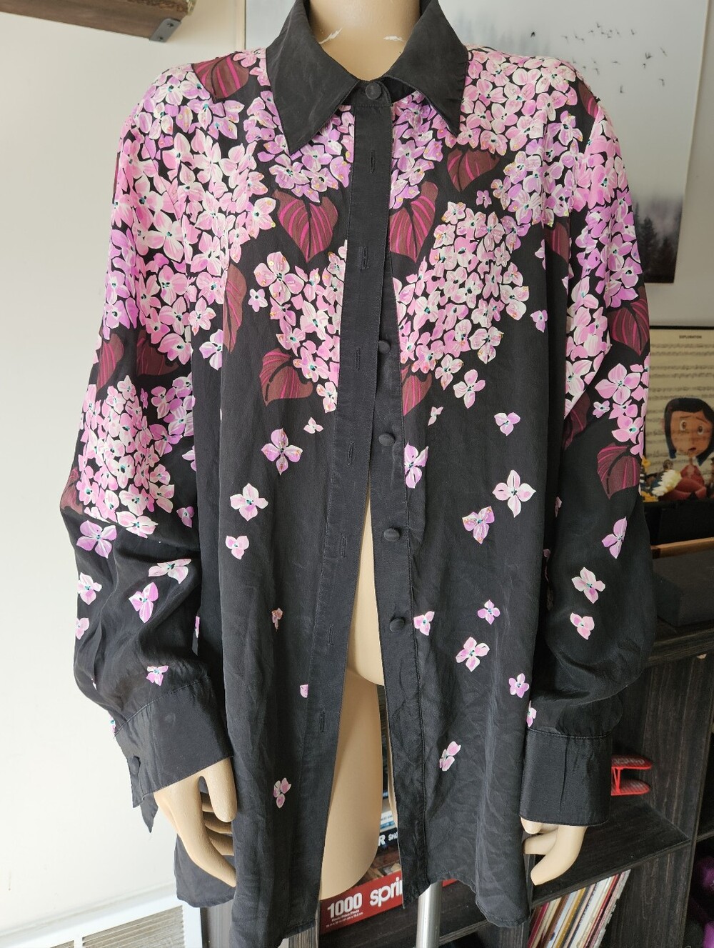 Bob Mackie Wearable Art Black Silk Blouse Pink Hydrangea Art To Wear 2x Designer